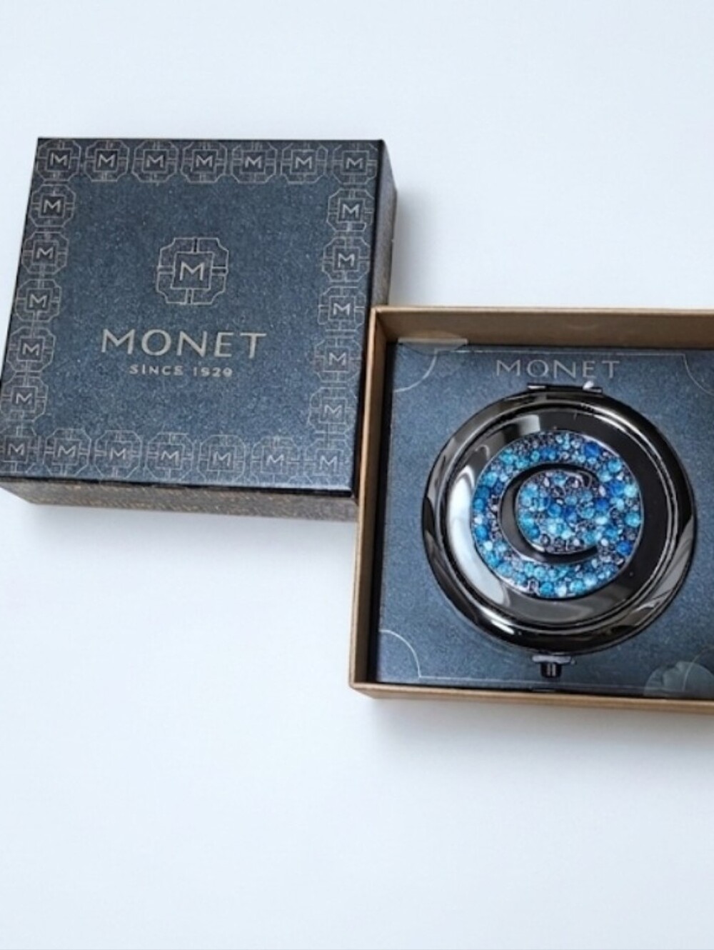 Monet Black Compact Mirror with Blue Crystal Swirl-Letter C